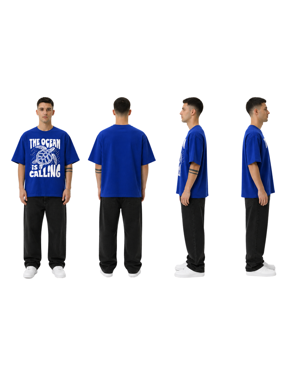 The Ocean is Calling Graphic Tee | Oversized Royal Blue Cotton T-Shirt for Men | Bio-Washed Soft Fabric