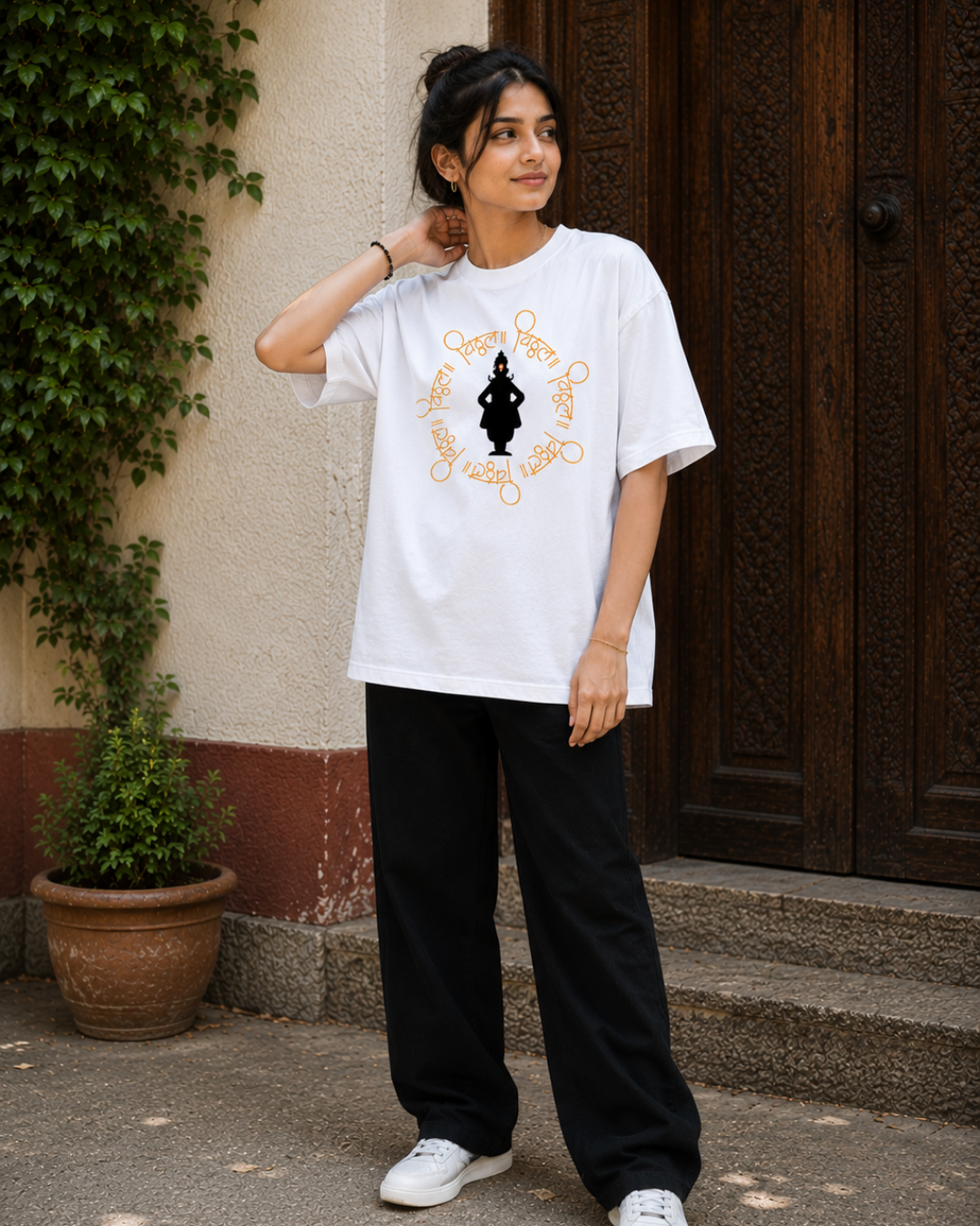 ThekaCustomz Vitthal Oversized T-Shirt for Men | White Cotton Circular Vitthal Repeat Print Tee | Pandharpur Wari Marathi Graphic T-Shirt | Drop Shoulder Streetwear