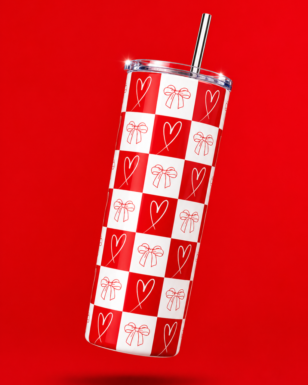 Thekacustomz Colossal Tumbler 700ml with SS Straw | Red Hearts & Bows Checker Print | Double Walled Insulated Sipper Bottle 7–8 hrs