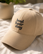 Bad Hair Day Printed Baseball Cap | Beige Cotton Hat | Funny Relatable Cap for Women | Adjustable Strap | Everyday Casual Summer Cap