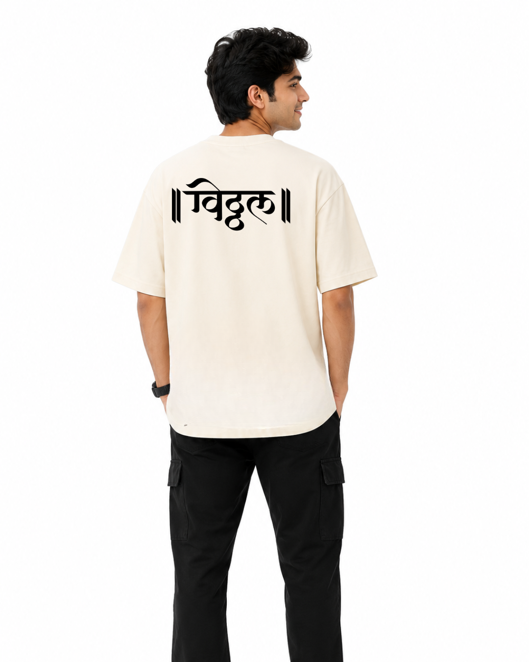 ThekaCustomz Pandharpur Wari Oversized T-Shirt for Unisex | Premium 240 GSM Cotton | Vitthal Warkari Graphic Printed Half Sleeve Round Neck Off White Tee | Maharashtra Devotional Streetwear