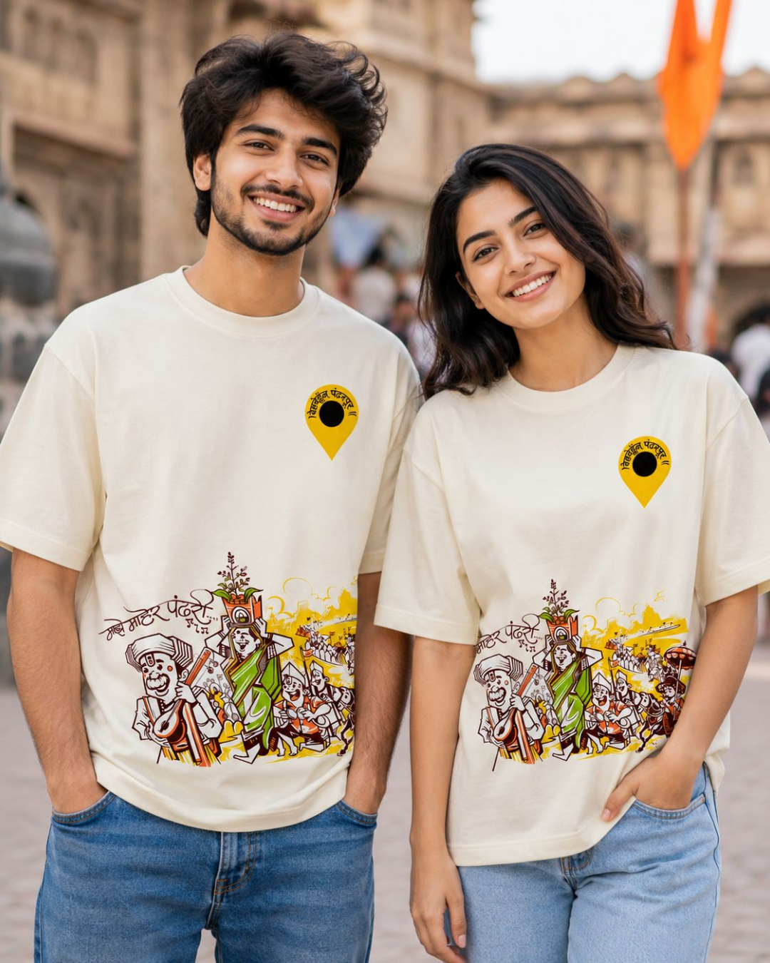 ThekaCustomz Pandharpur Wari Oversized T-Shirt for Unisex | Premium 240 GSM Cotton | Vitthal Warkari Graphic Printed Half Sleeve Round Neck Off White Tee | Maharashtra Devotional Streetwear