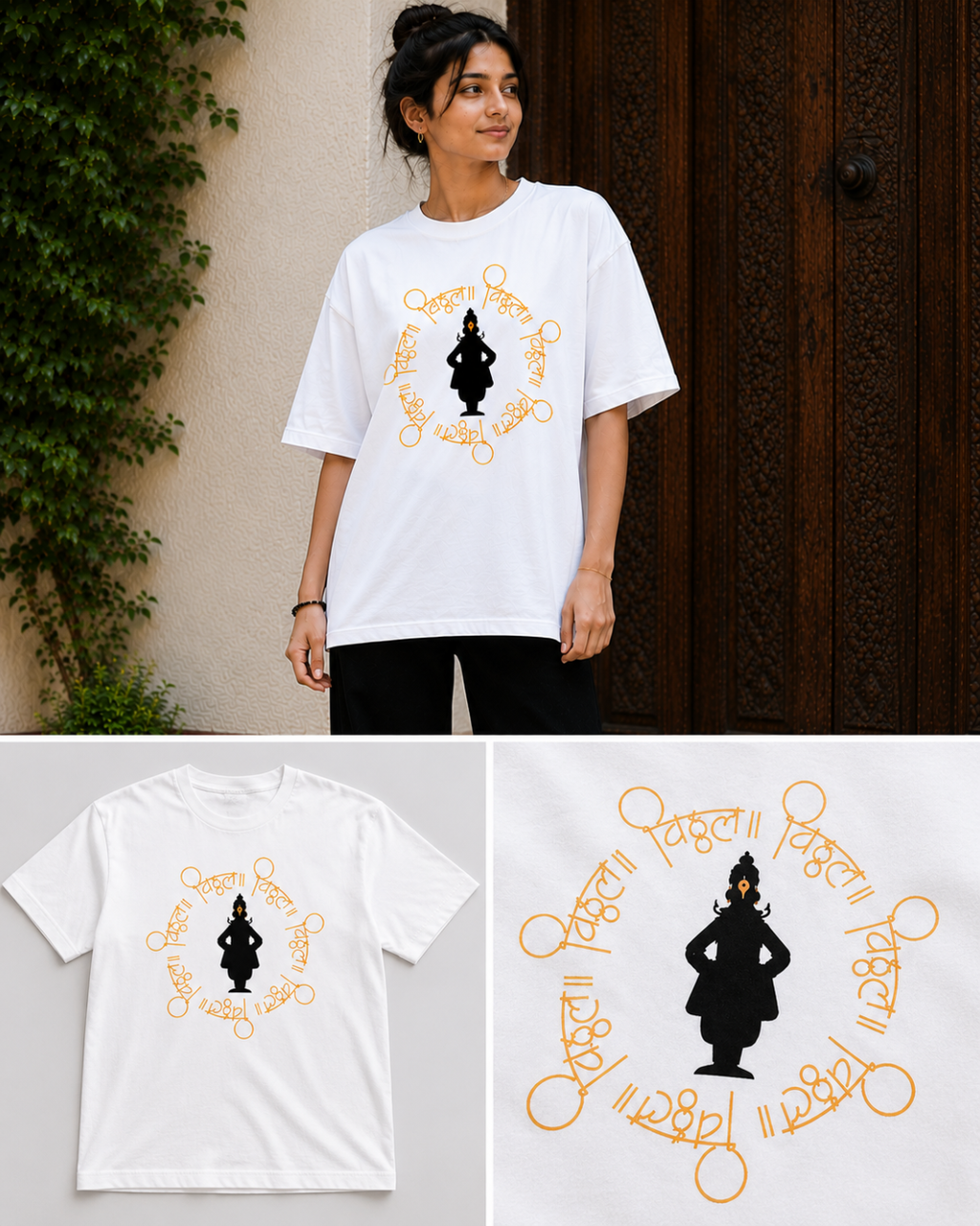 ThekaCustomz Vitthal Oversized T-Shirt for Men | White Cotton Circular Vitthal Repeat Print Tee | Pandharpur Wari Marathi Graphic T-Shirt | Drop Shoulder Streetwear