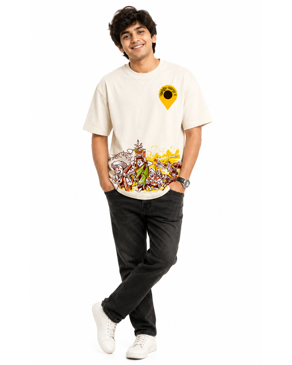 ThekaCustomz Pandharpur Wari Oversized T-Shirt for Unisex | Premium 240 GSM Cotton | Vitthal Warkari Graphic Printed Half Sleeve Round Neck Off White Tee | Maharashtra Devotional Streetwear