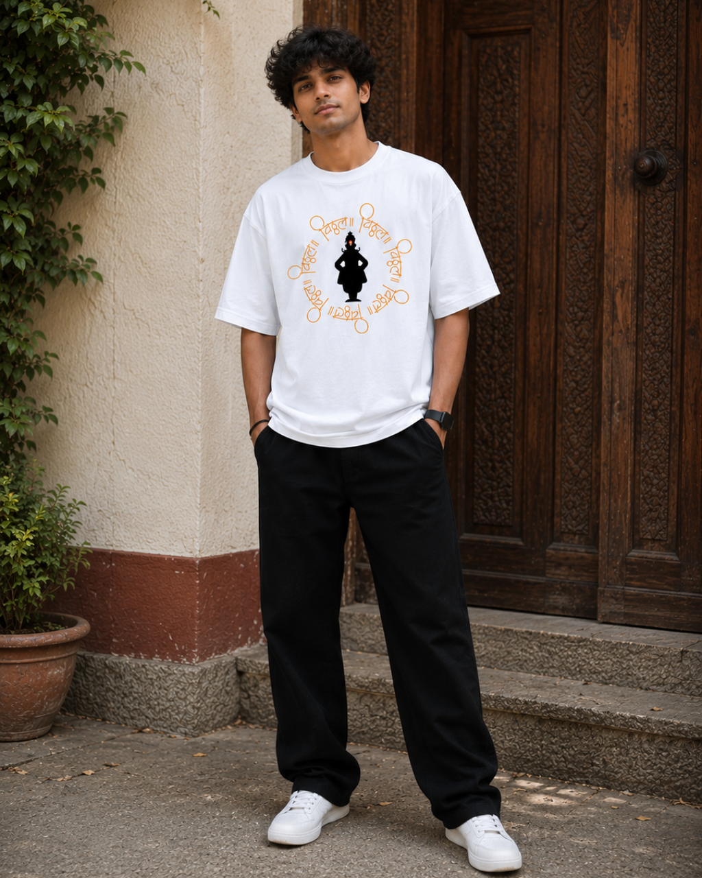 ThekaCustomz Vitthal Oversized T-Shirt for Men | White Cotton Circular Vitthal Repeat Print Tee | Pandharpur Wari Marathi Graphic T-Shirt | Drop Shoulder Streetwear