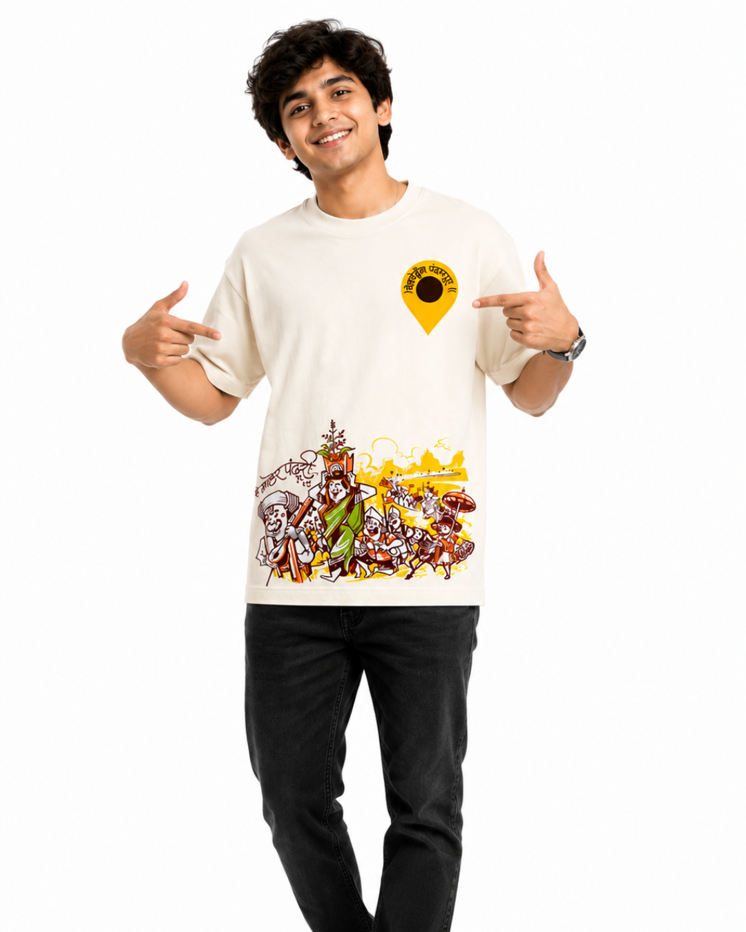 ThekaCustomz Pandharpur Wari Oversized T-Shirt for Unisex | Premium 240 GSM Cotton | Vitthal Warkari Graphic Printed Half Sleeve Round Neck Off White Tee | Maharashtra Devotional Streetwear