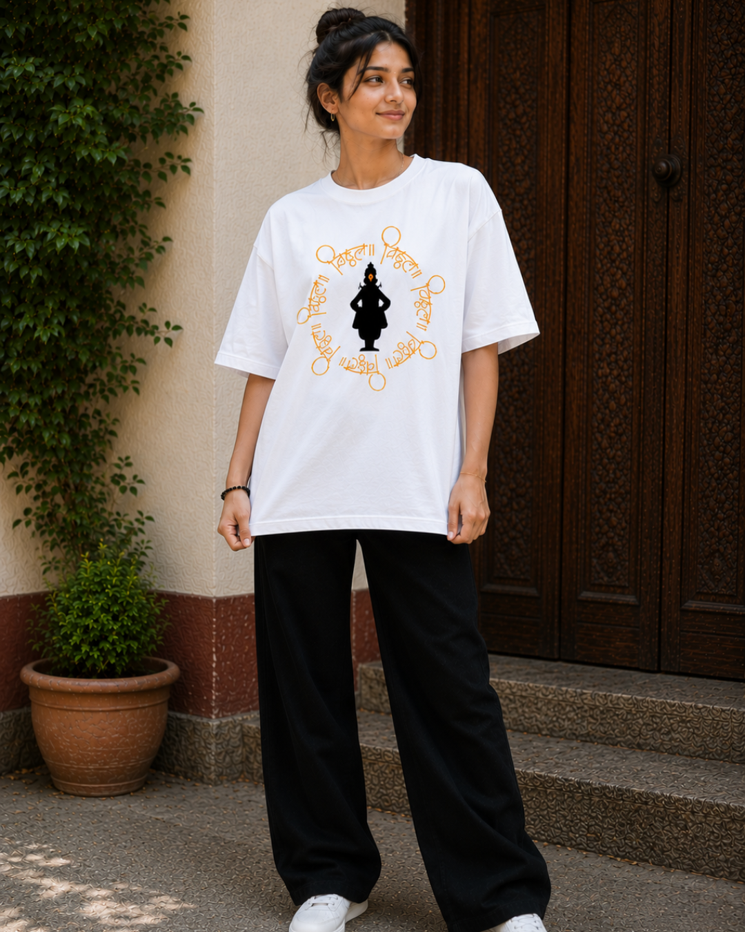 ThekaCustomz Vitthal Oversized T-Shirt for Men | White Cotton Circular Vitthal Repeat Print Tee | Pandharpur Wari Marathi Graphic T-Shirt | Drop Shoulder Streetwear