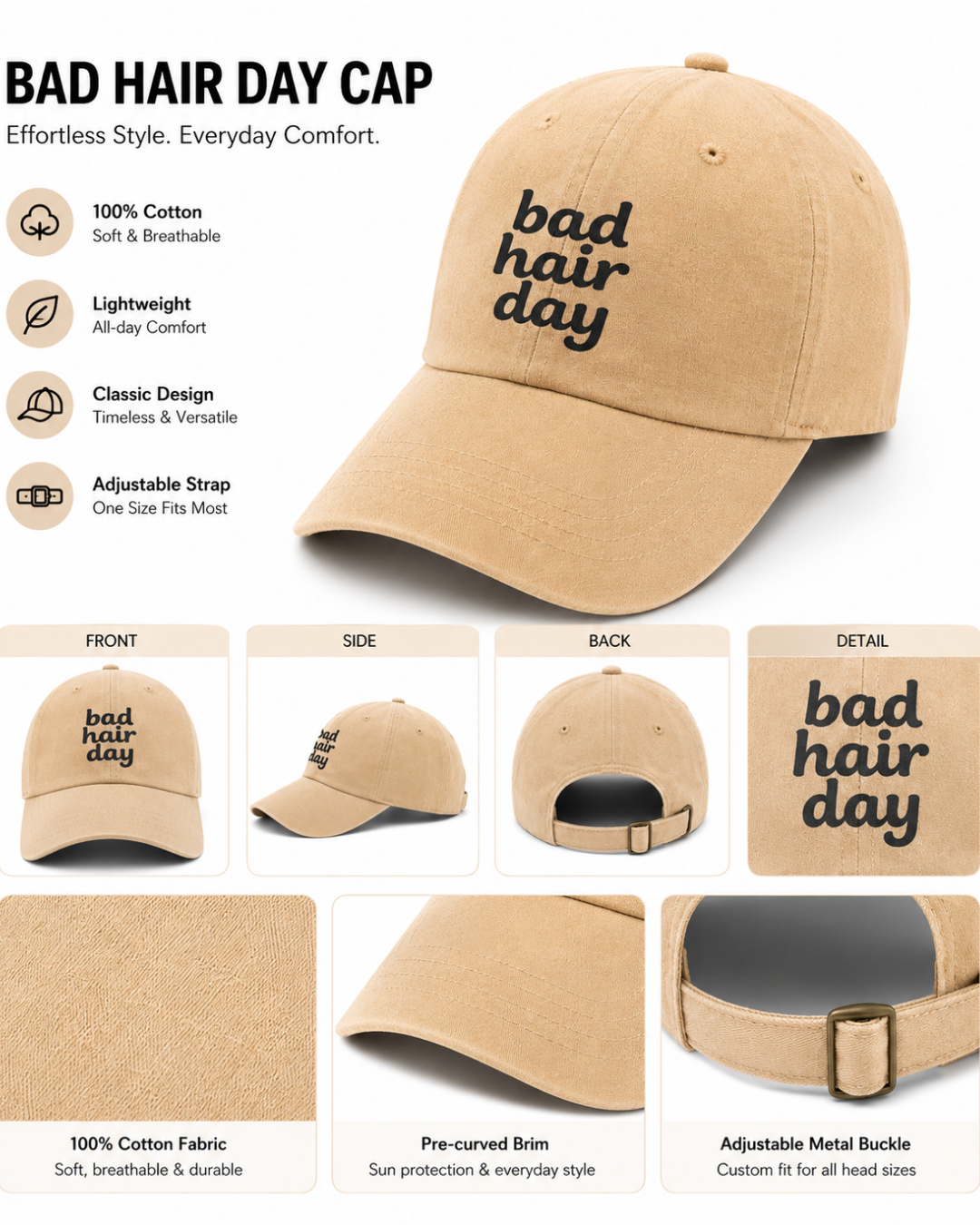 Bad Hair Day Printed Baseball Cap | Beige Cotton Hat | Funny Relatable Cap for Women | Adjustable Strap | Everyday Casual Summer Cap