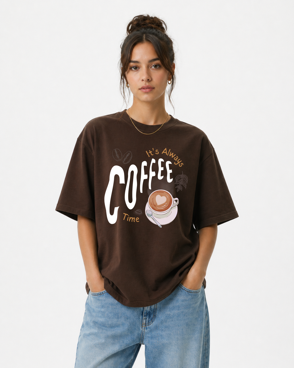 Coffee Time Streetwear | Oversized Brown Graphic T-Shirt | Premium Cotton Bio-Washed Tee