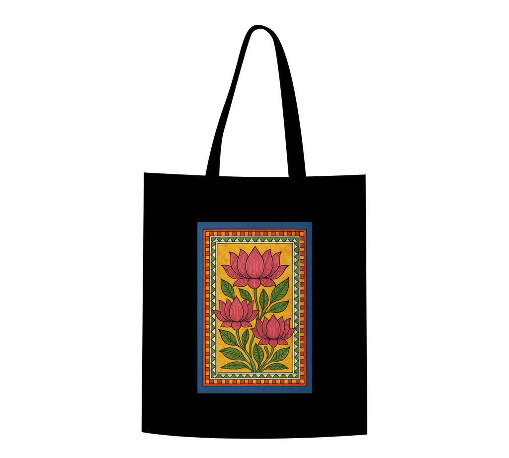 "Sacred Bloom" Madhubani Lotus Canvas Tote Bag