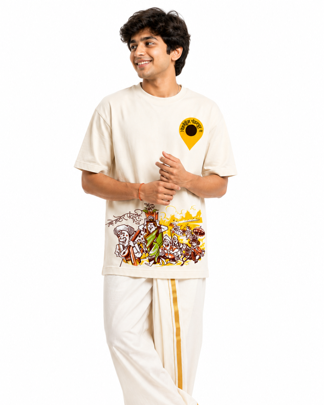 ThekaCustomz Pandharpur Wari Oversized T-Shirt for Unisex | Premium 240 GSM Cotton | Vitthal Warkari Graphic Printed Half Sleeve Round Neck Off White Tee | Maharashtra Devotional Streetwear