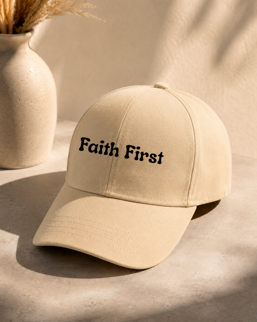 Faith First Printed Beige Baseball Cap | 100% Cotton Inspirational Dad Hat | Unisex Adjustable Strap