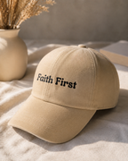 Faith First Printed Beige Baseball Cap | 100% Cotton Inspirational Dad Hat | Unisex Adjustable Strap