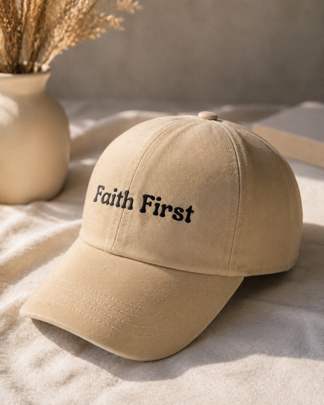 Faith First Printed Beige Baseball Cap | 100% Cotton Inspirational Dad Hat | Unisex Adjustable Strap