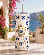 Colossal Tumbler 700ml with SS Straw | Hamsa Evil Eye Gold Print | Double Walled Insulated Sipper Bottle 7–8 hrs | Spiritual Gift