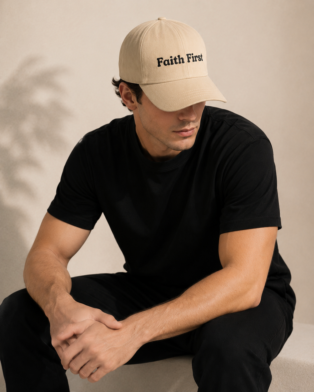 Faith First Printed Beige Baseball Cap | 100% Cotton Inspirational Dad Hat | Unisex Adjustable Strap