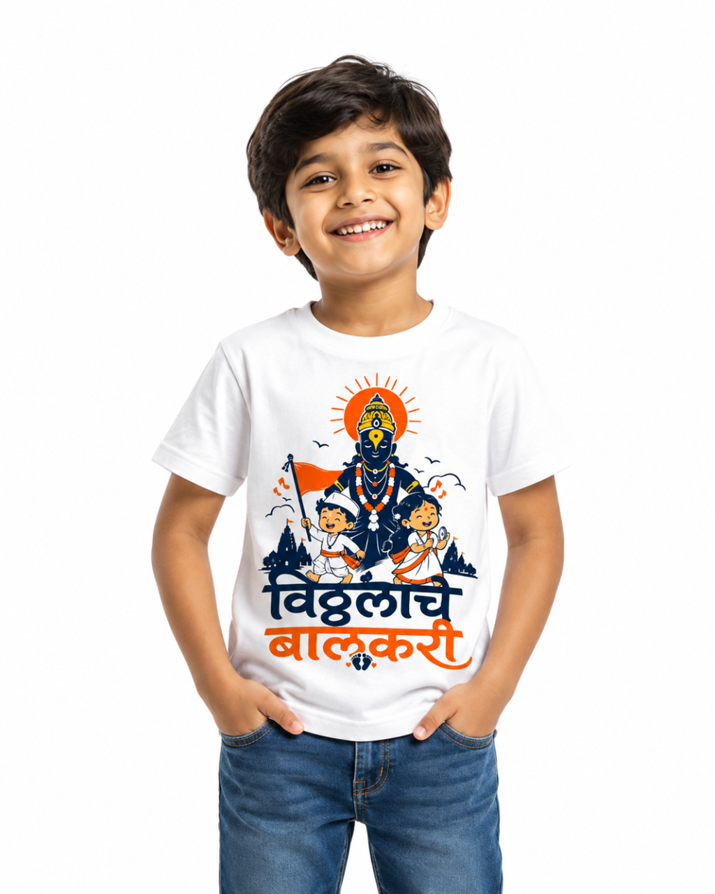ThekaCustomz Vitthalache Balakari Kids T-Shirt | Premium Cotton Graphic Printed Half Sleeve Round Neck Tee for Boys & Girls | Lord Vitthal Warkari Design | Ashadhi Ekadashi Special