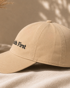 Faith First Printed Beige Baseball Cap | 100% Cotton Inspirational Dad Hat | Unisex Adjustable Strap