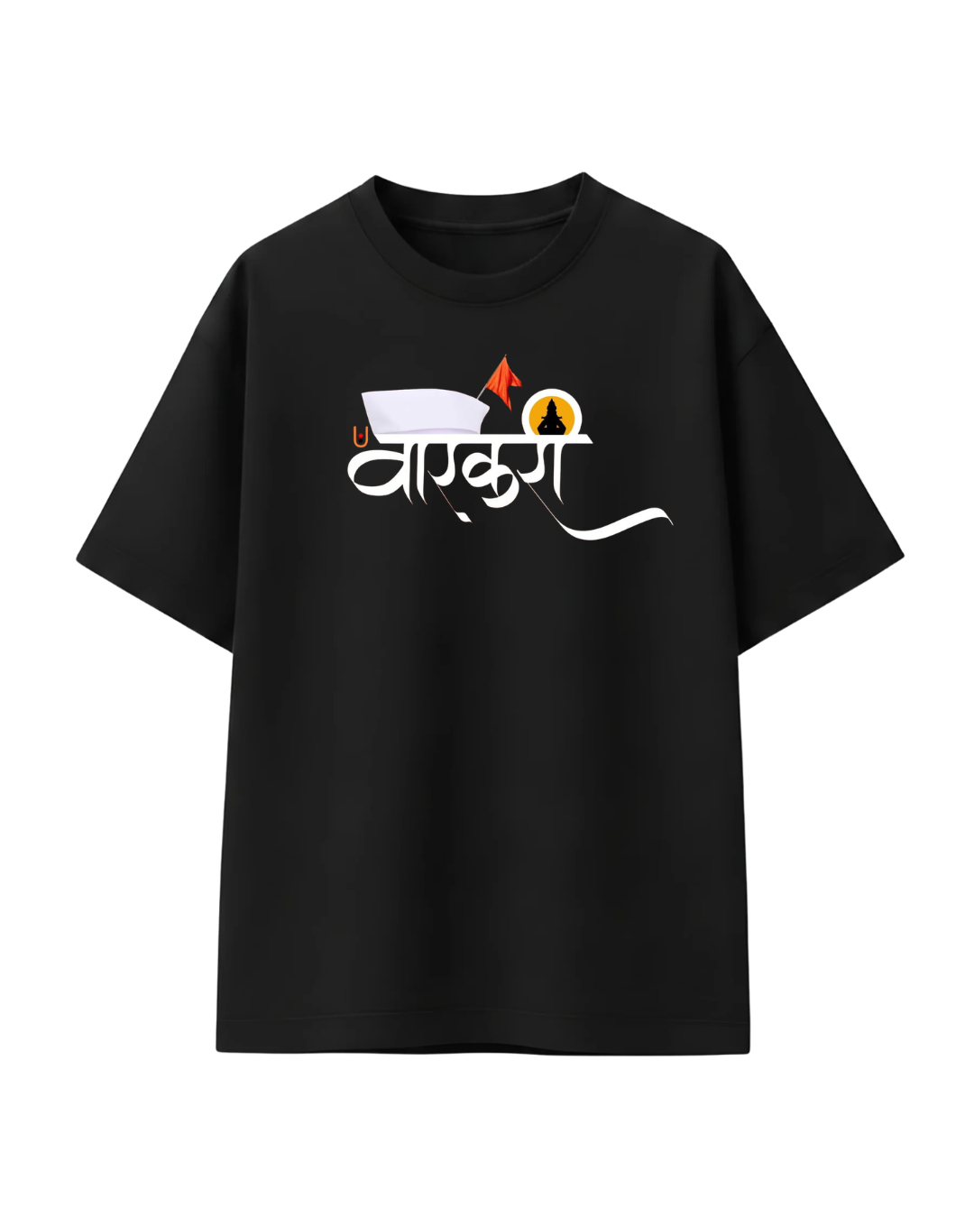 ThekaCustomz Warkari Oversized T-Shirt for Men | Black Cotton Marathi Vitthal Print Tee | Pandharpur Wari Ashadhi Ekadashi Graphic T-Shirt | Drop Shoulder Streetwear
