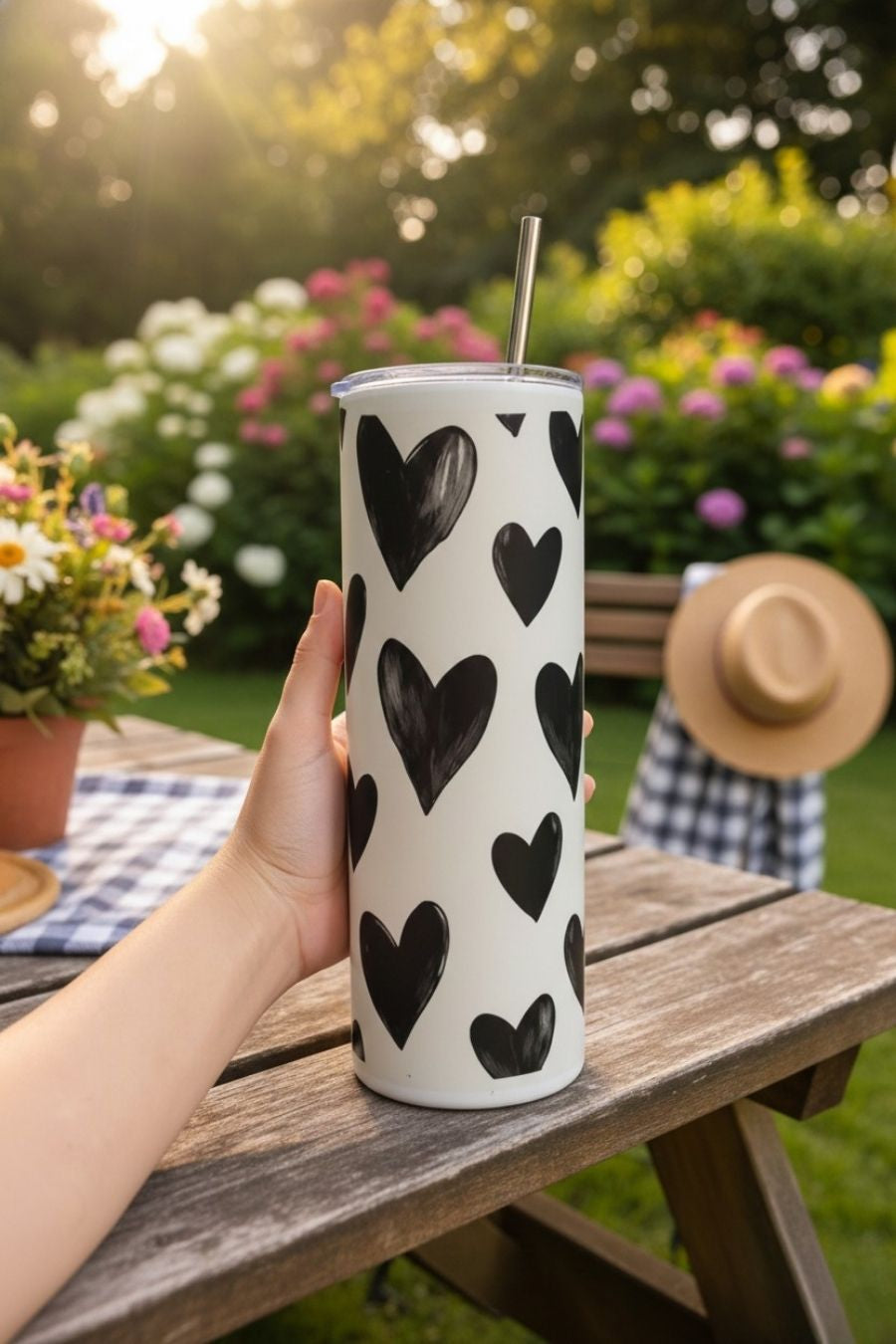 Colossal Tumbler 700ml with SS Straw | Black Heart Print | Double Walled Insulated Tumbler 7–8 hrs