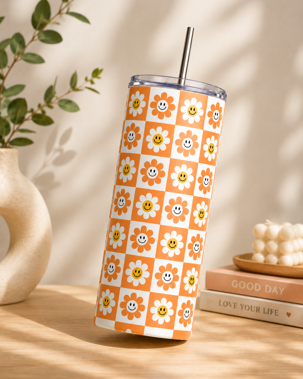 Colossal Tumbler 700ml with SS Straw | Smiley Daisy Checker Print | Double Walled Insulated Sipper Bottle 7–8 hrs | Cute Gift for Women