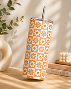 Colossal Tumbler 700ml with SS Straw | Smiley Daisy Checker Print | Double Walled Insulated Sipper Bottle 7–8 hrs | Cute Gift for Women