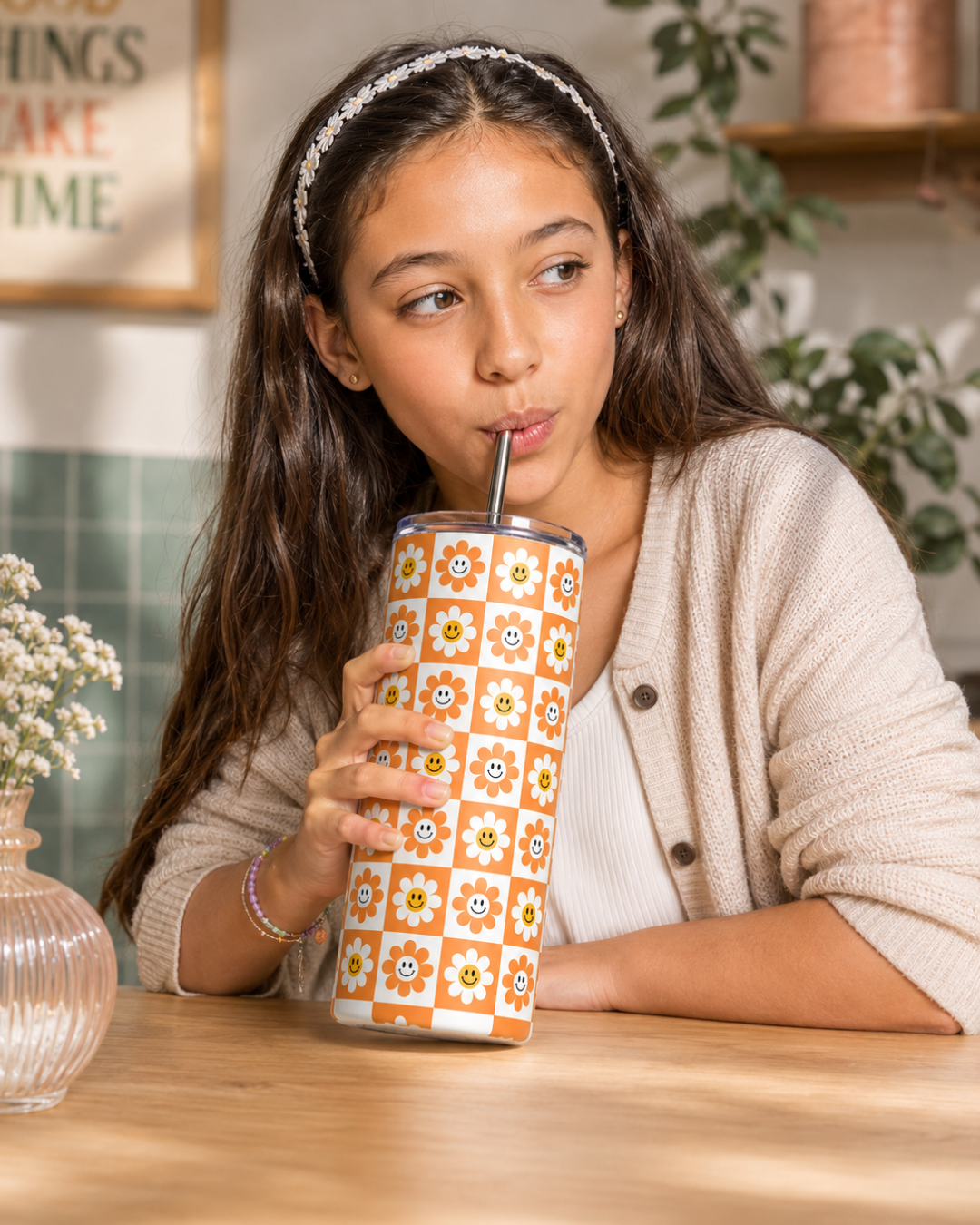 Colossal Tumbler 700ml with SS Straw | Smiley Daisy Checker Print | Double Walled Insulated Sipper Bottle 7–8 hrs | Cute Gift for Women
