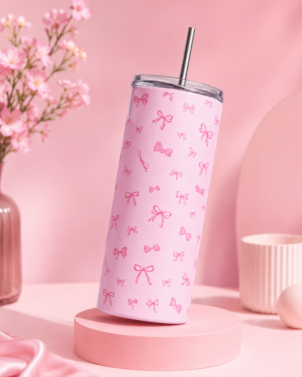 Colossal Tumbler 700ml with SS Straw | Pink Bow  | Double Walled Insulated Sipper Bottle 7–8 hrs