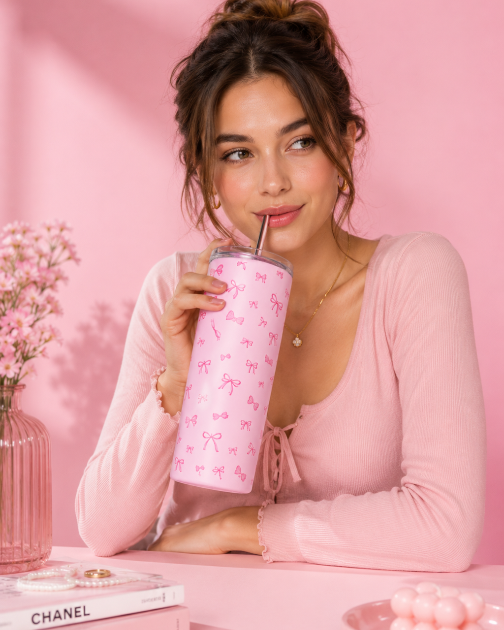 Colossal Tumbler 700ml with SS Straw | Pink Bow  | Double Walled Insulated Sipper Bottle 7–8 hrs
