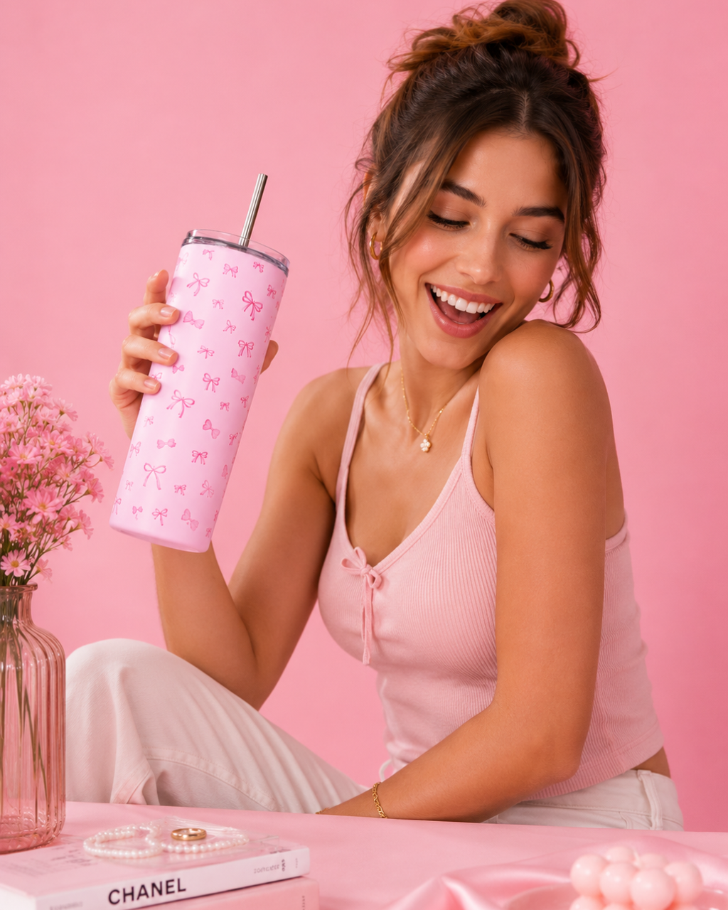 Colossal Tumbler 700ml with SS Straw | Pink Bow  | Double Walled Insulated Sipper Bottle 7–8 hrs