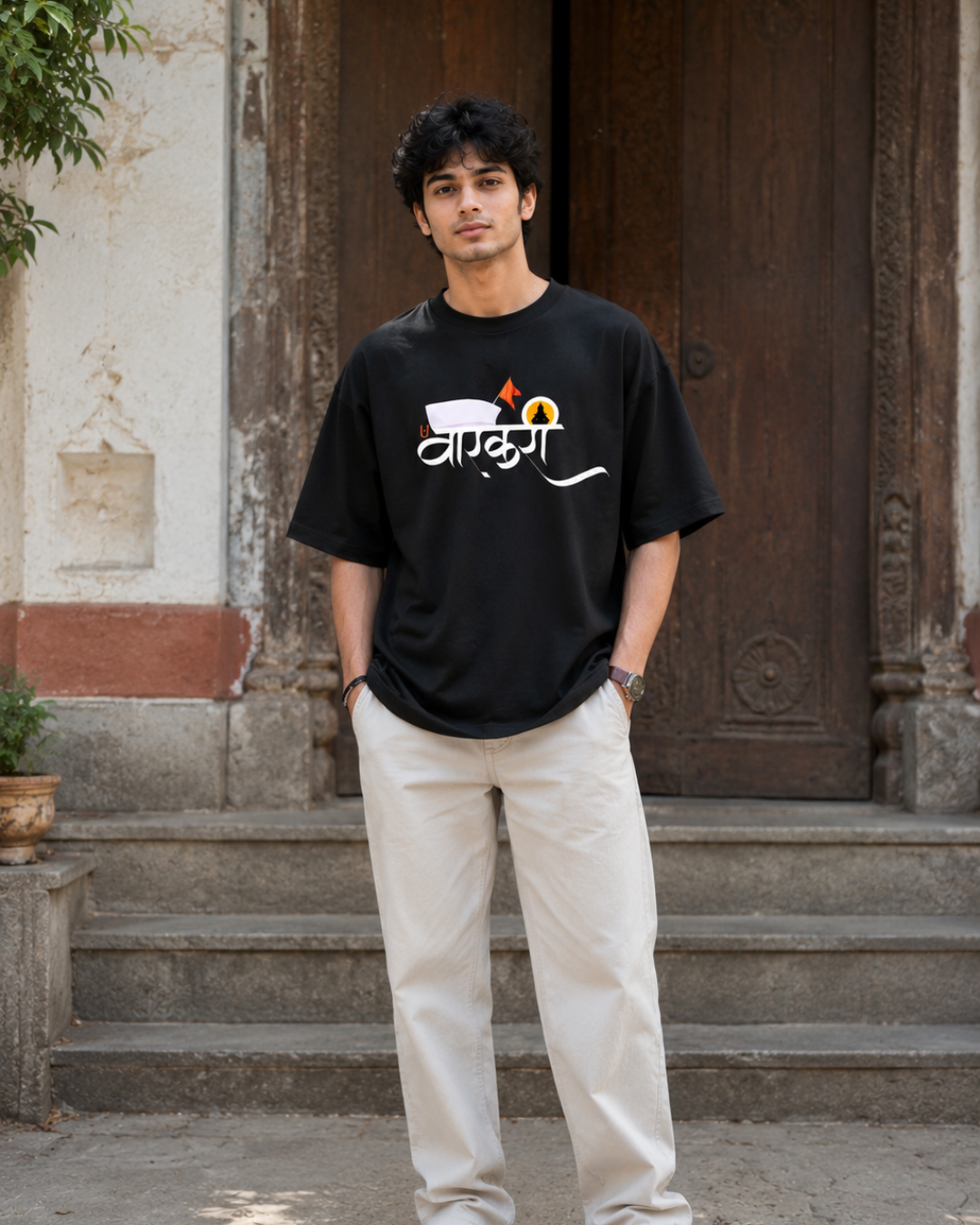 ThekaCustomz Warkari Oversized T-Shirt for Men | Black Cotton Marathi Vitthal Print Tee | Pandharpur Wari Ashadhi Ekadashi Graphic T-Shirt | Drop Shoulder Streetwear