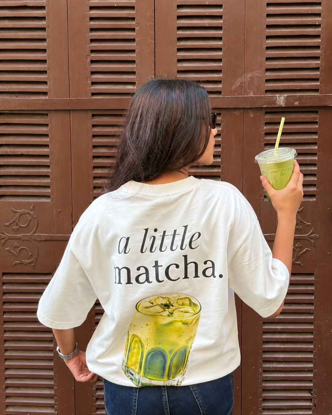 A Little Matcha Oversized T-Shirt | Cafe Edition | Thekacustomz | Graphic Print | Unisex Drop Shoulder Tee | Off White