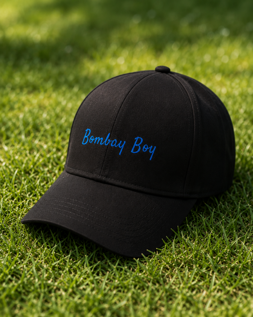 Bombay Boy Printed Black Baseball Cap | Premium Cotton Blend | Blue Script Print | Unisex Adjustable Curved Brim Cap | Mumbai Pride Cap