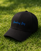 Bombay Boy Printed Black Baseball Cap | Premium Cotton Blend | Blue Script Print | Unisex Adjustable Curved Brim Cap | Mumbai Pride Cap