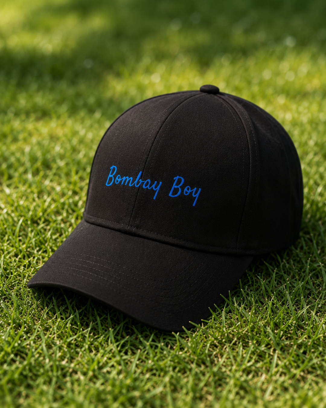 Bombay Boy Printed Black Baseball Cap | Premium Cotton Blend | Blue Script Print | Unisex Adjustable Curved Brim Cap | Mumbai Pride Cap