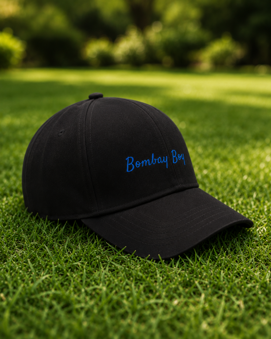 Bombay Boy Printed Black Baseball Cap | Premium Cotton Blend | Blue Script Print | Unisex Adjustable Curved Brim Cap | Mumbai Pride Cap