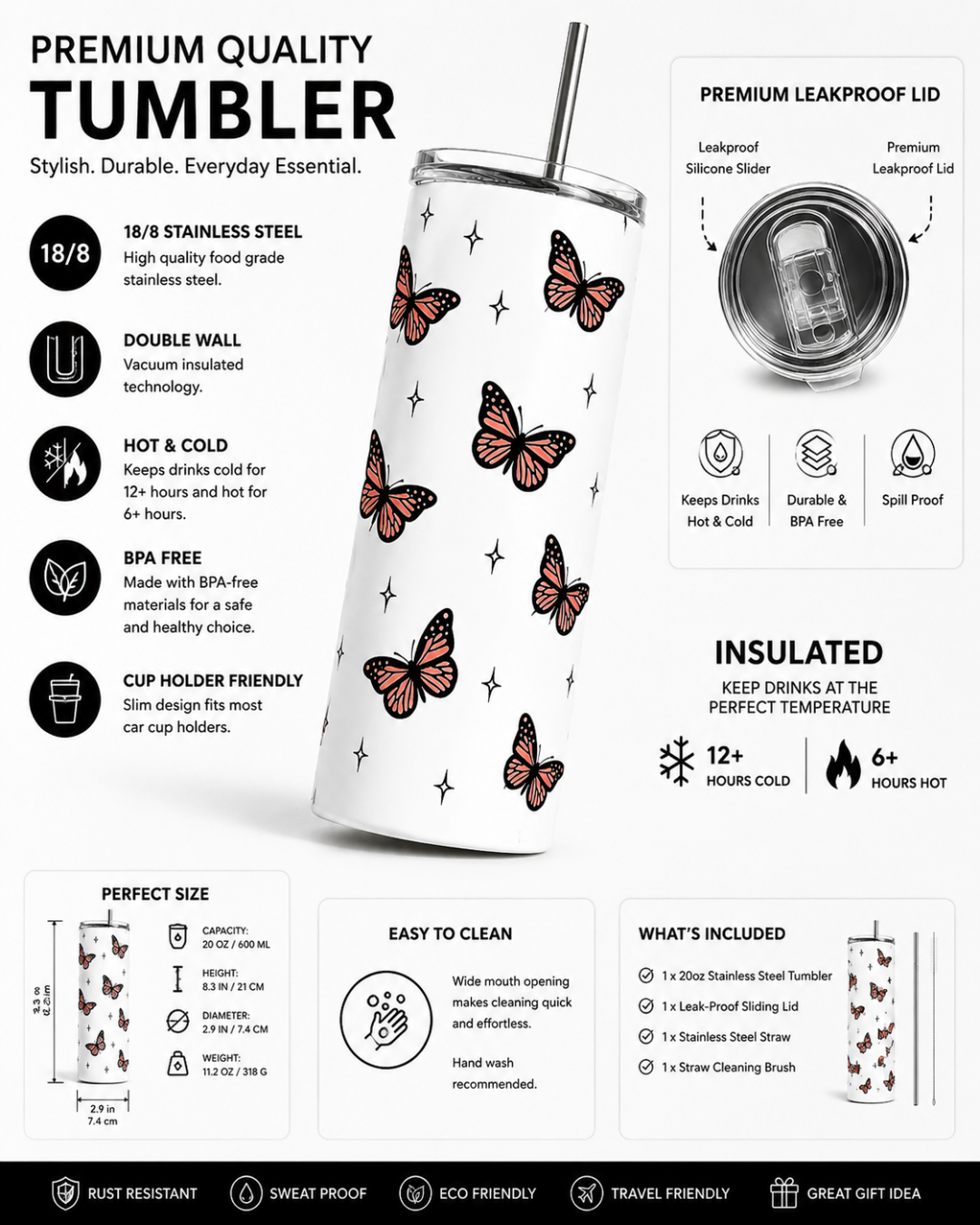Colossal Tumbler 700ml with SS Straw | Monarch Butterfly Print | Double Walled Insulated Sipper Bottle 7–8 hrs