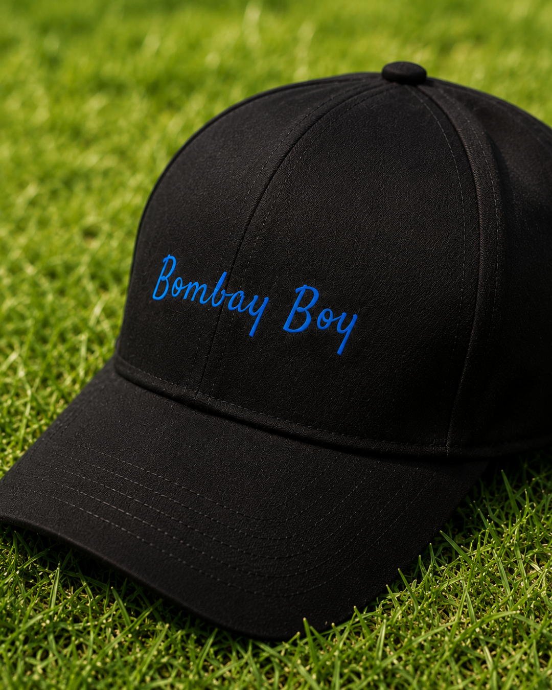 Bombay Boy Printed Black Baseball Cap | Premium Cotton Blend | Blue Script Print | Unisex Adjustable Curved Brim Cap | Mumbai Pride Cap