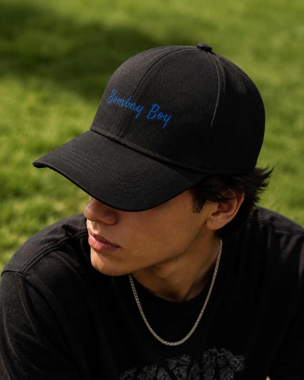 Bombay Boy Printed Black Baseball Cap | Premium Cotton Blend | Blue Script Print | Unisex Adjustable Curved Brim Cap | Mumbai Pride Cap