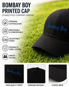 Bombay Boy Printed Black Baseball Cap | Premium Cotton Blend | Blue Script Print | Unisex Adjustable Curved Brim Cap | Mumbai Pride Cap