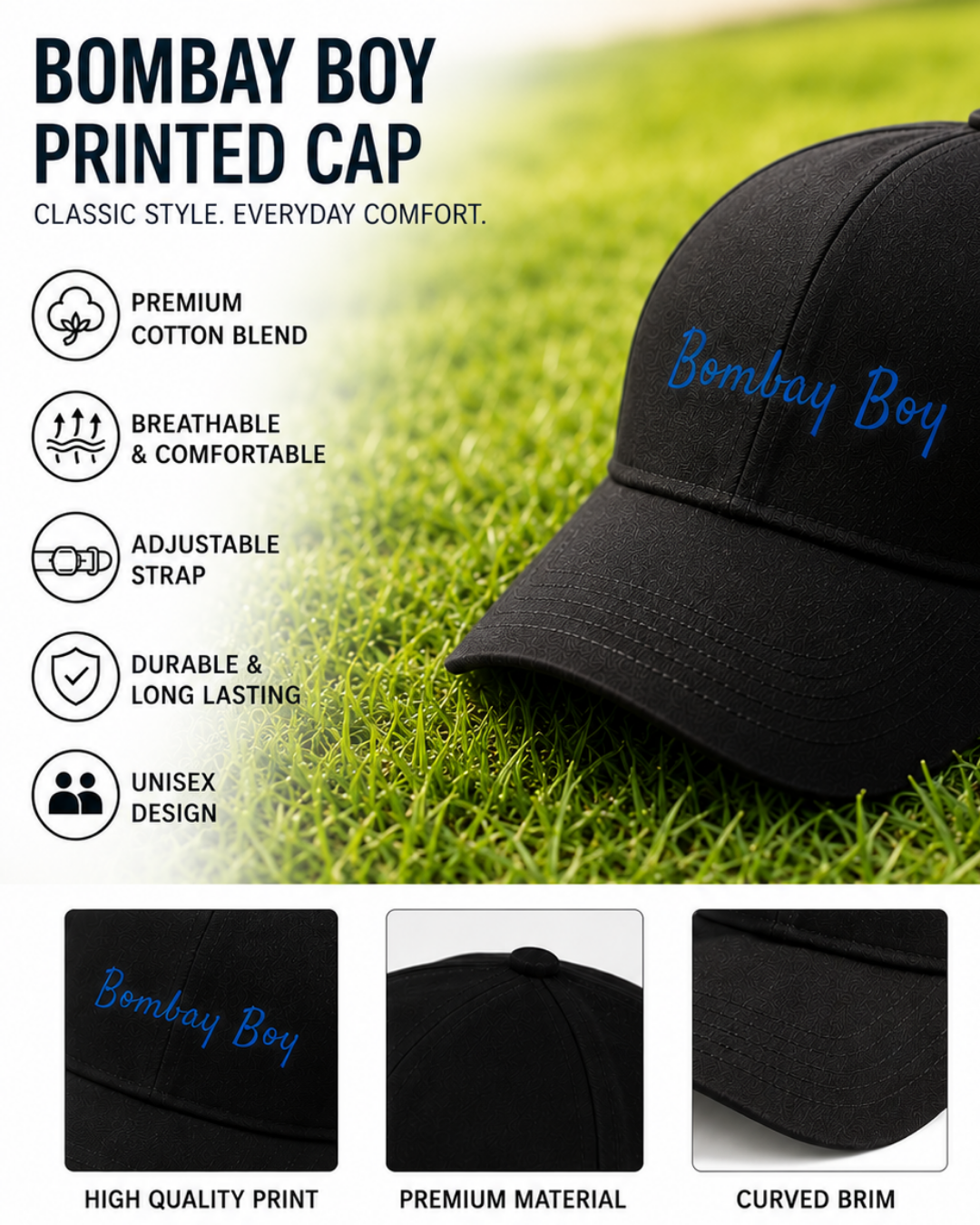 Bombay Boy Printed Black Baseball Cap | Premium Cotton Blend | Blue Script Print | Unisex Adjustable Curved Brim Cap | Mumbai Pride Cap