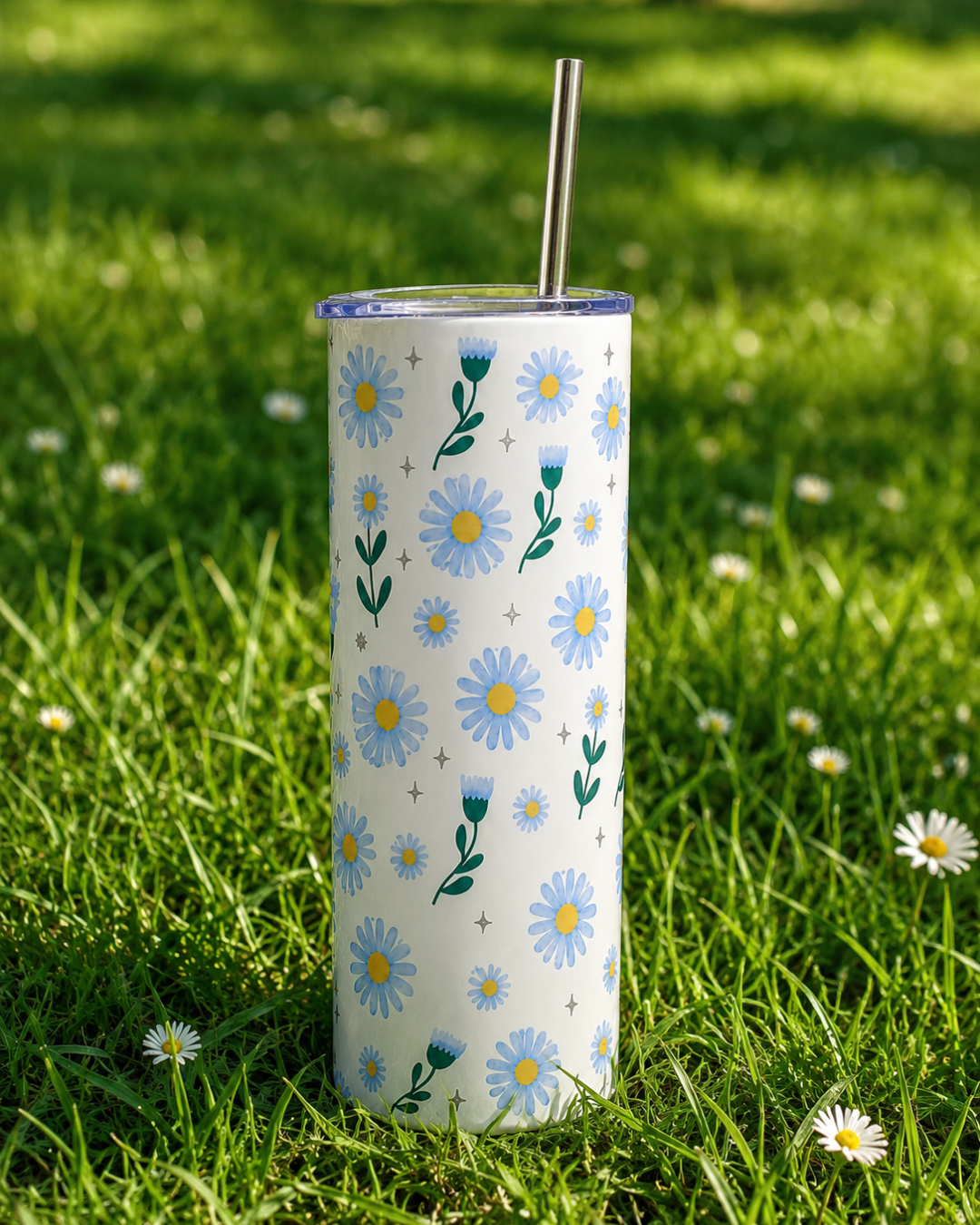 Colossal Tumbler 700ml with SS Straw | Blue Daisy Floral | Double Walled Insulated Sipper Bottle 7–8 hrs | Gift for Women