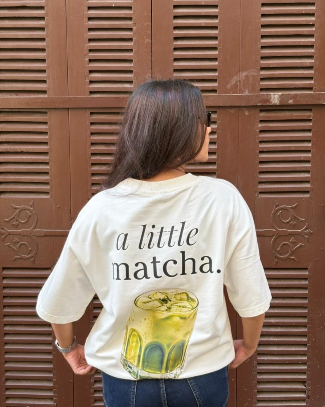 A Little Matcha Oversized T-Shirt | Cafe Edition | Thekacustomz | Graphic Print | Unisex Drop Shoulder Tee | Off White
