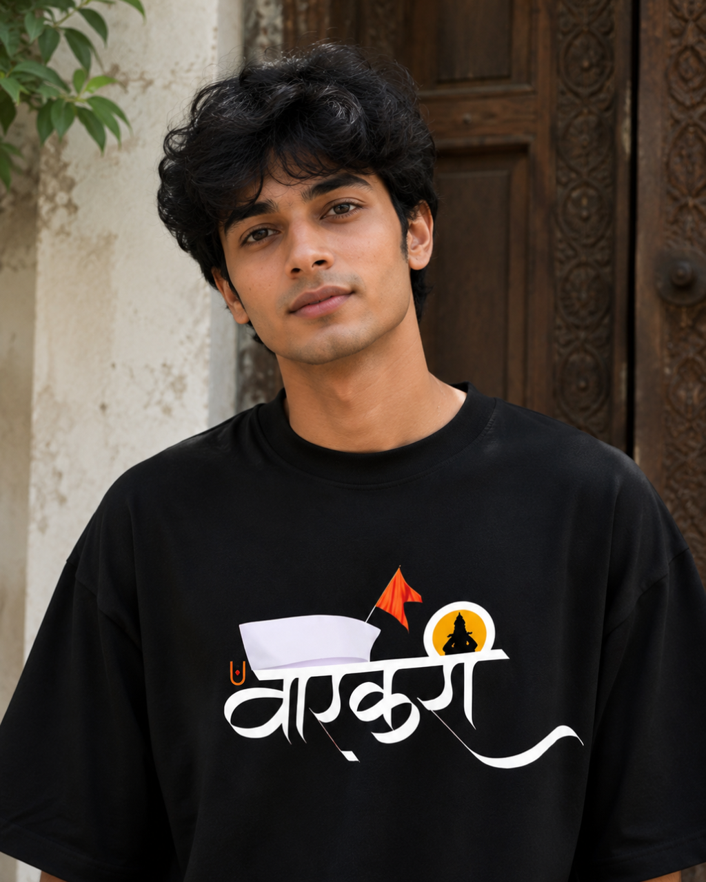 ThekaCustomz Warkari Oversized T-Shirt for Men | Black Cotton Marathi Vitthal Print Tee | Pandharpur Wari Ashadhi Ekadashi Graphic T-Shirt | Drop Shoulder Streetwear
