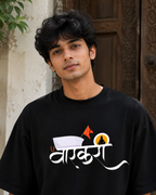 ThekaCustomz Warkari Oversized T-Shirt for Men | Black Cotton Marathi Vitthal Print Tee | Pandharpur Wari Ashadhi Ekadashi Graphic T-Shirt | Drop Shoulder Streetwear