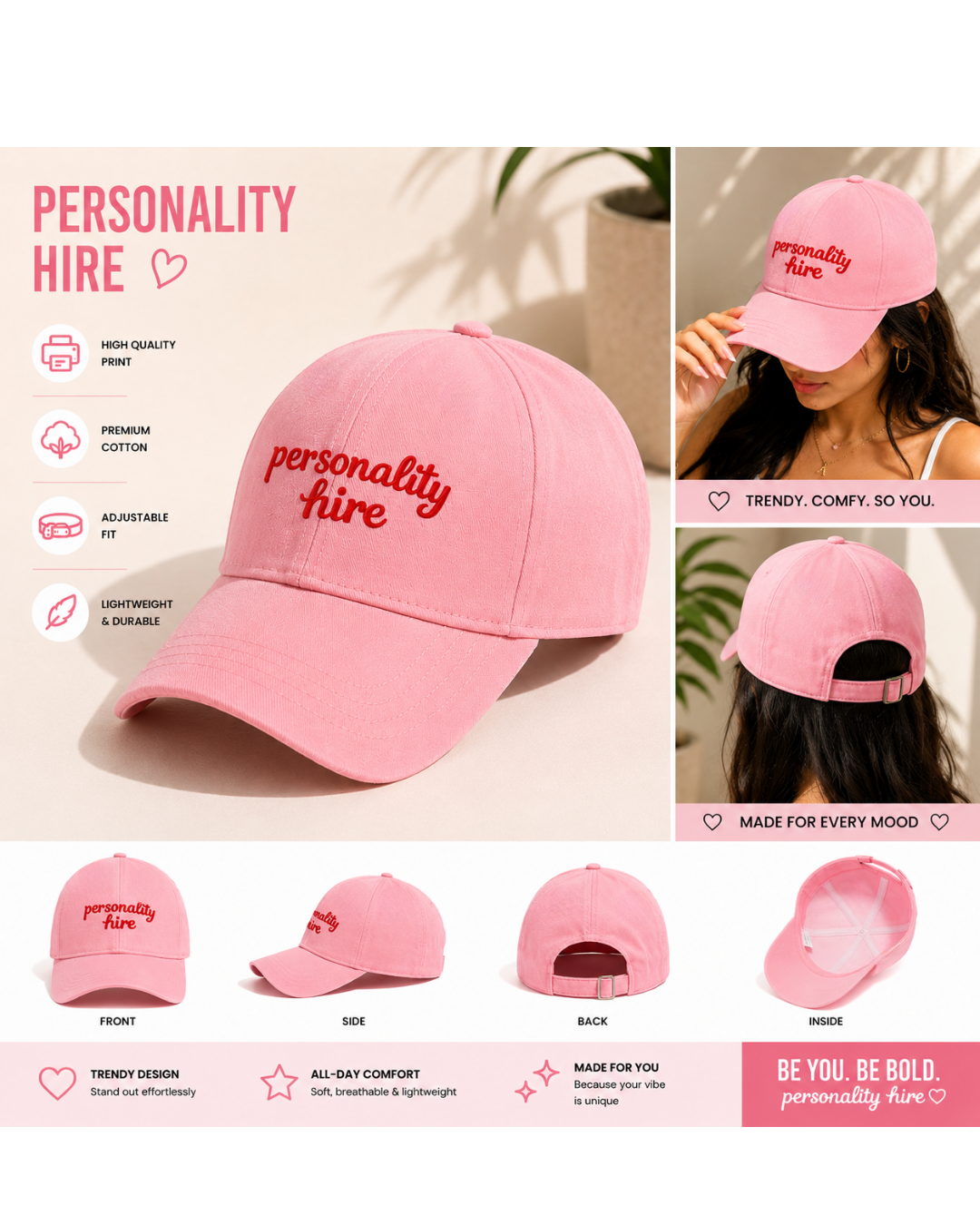 Personality Hire Printed Pink Baseball Cap | Premium Cotton Cap for Women | Adjustable Strap | Trendy Funny Statement Cap | Gift for Her
