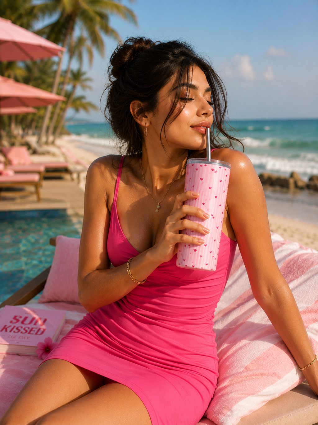 Thekacustomz Love Stripes Colossal Tumbler with Straw 700ml | Double Wall Vacuum Insulated Stainless Steel Travel Mug | Leakproof Hot & Cold Coffee Cup for Girls & Women