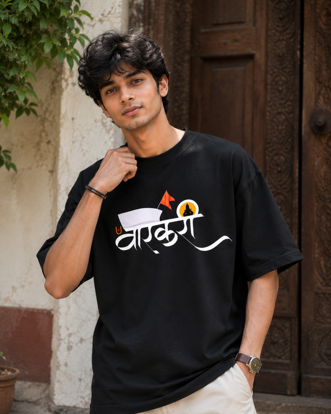 ThekaCustomz Warkari Oversized T-Shirt for Men | Black Cotton Marathi Vitthal Print Tee | Pandharpur Wari Ashadhi Ekadashi Graphic T-Shirt | Drop Shoulder Streetwear