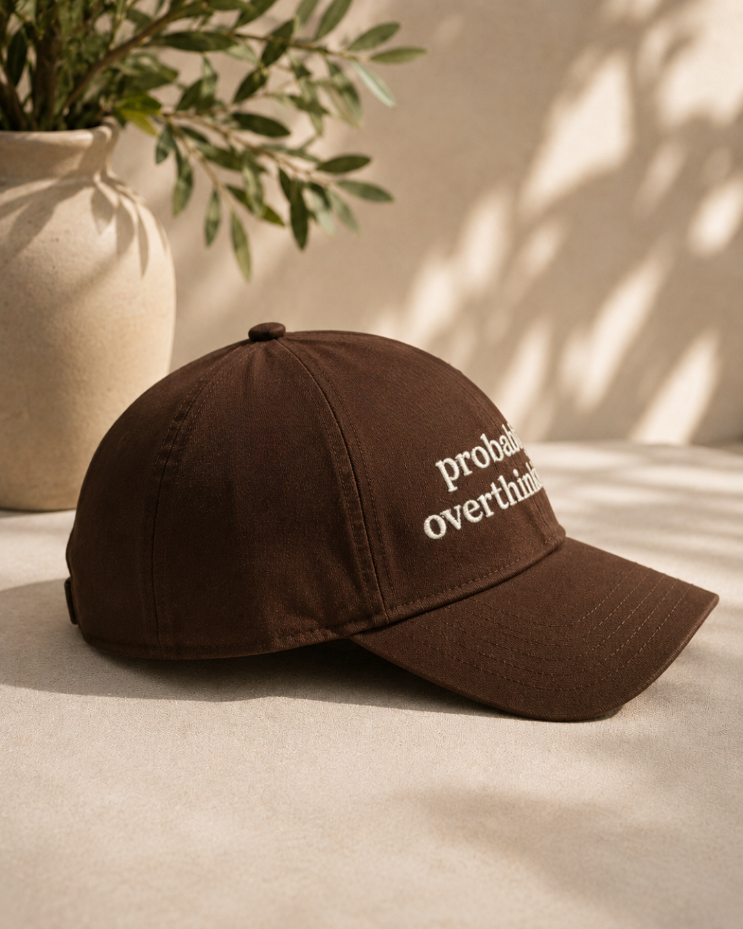Probably Overthinking Printed Brown Baseball Cap | 100% Cotton DTF Printed Cap | Adjustable Metal Buckle | Minimal Relatable Cap for Thinkers