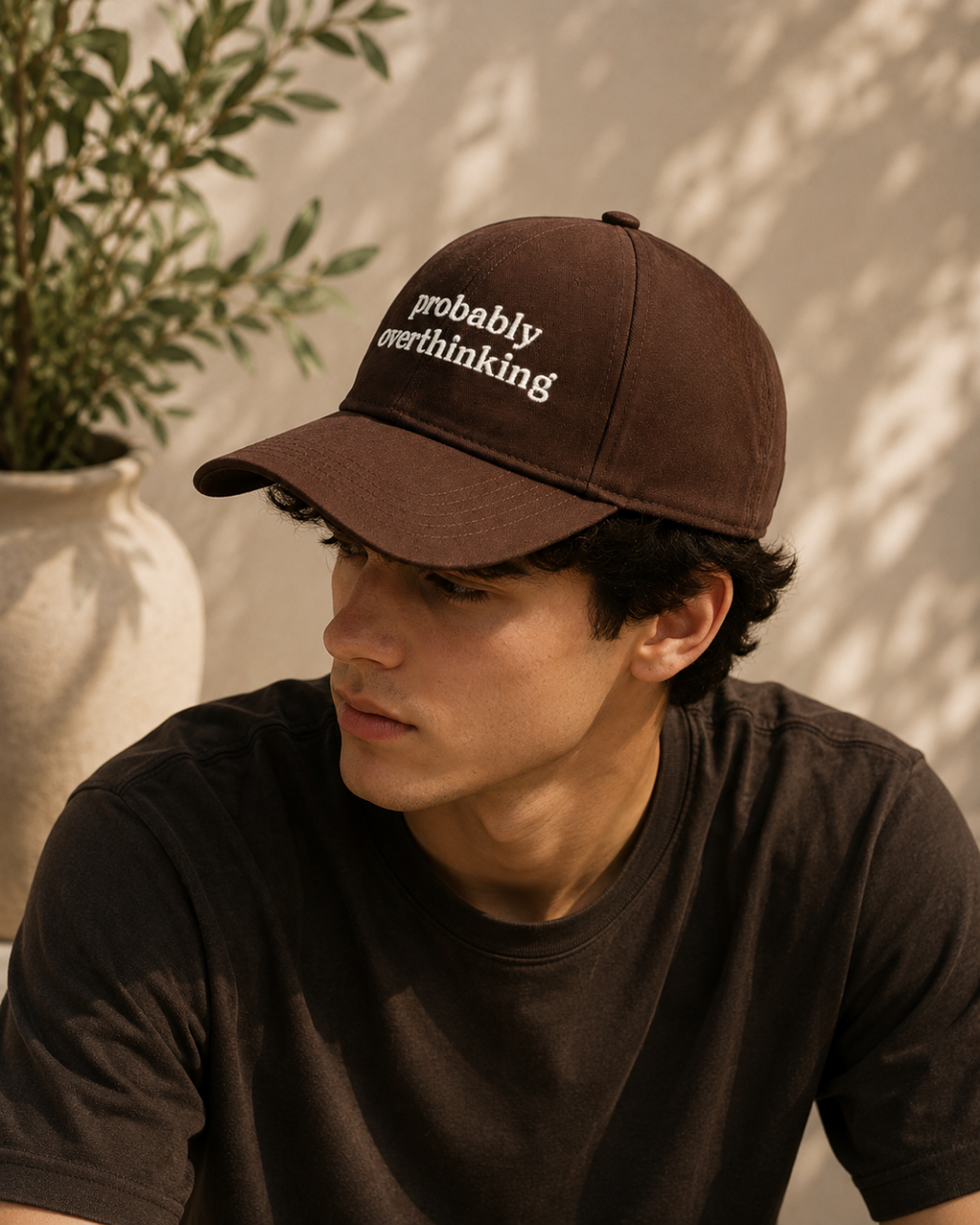 Probably Overthinking Printed Brown Baseball Cap | 100% Cotton DTF Printed Cap | Adjustable Metal Buckle | Minimal Relatable Cap for Thinkers